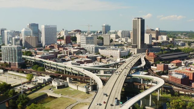 Aerial of Richmond City, highways and bridges in Richmond, drone shooting of industrial Virginia 