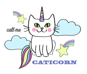 Call Me Caticorn Whimsical Cat Unicorn  placement print with fun tpography, clouds, rainbows and shooting stars in pastel colors