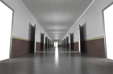 long corridor with doors, interior visualization, 3D illustration