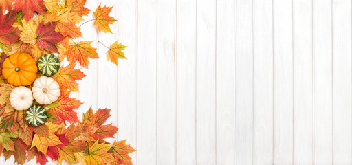 Obraz premium Pumpkin maple leaves decoration Autumn Thanksgiving banner