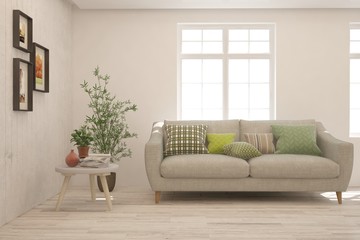 Stylish room in white color with sofa. Scandinavian interior design. 3D illustration
