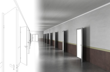 long corridor with doors, interior visualization, 3D illustration