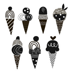 Cute ice cream vector illustrations set. Doodle yummy gelato simple composition. Cartoon dessert drawings pack. Squiggle, zigzag, line, dot elements. Scoop ice cream in waffle cone icons collection