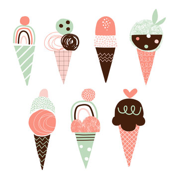 Cute ice cream vector illustrations set. Doodle yummy gelato simple composition. Cartoon dessert drawings pack. Squiggle, zigzag, line, dot elements. Scoop ice cream in waffle cone icons collection
