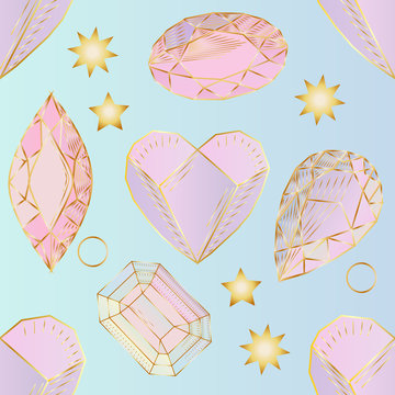 Colorful seamless pattern with hand drawn crystals and gems in pink, lilac tones with gold contour