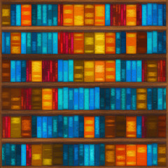 Watercolor seamless book shelves bright colors texture (vertically and horizontally) vintage, modern books mixed for reading, education, office archive, rectangular, high resolution pattern