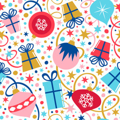 Seamless vector pattern with Christmas baubles, ornaments and gift boxes.