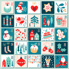 Set of vector templates for Christmas decor. Cute illustration for Advent Christmas calendar. - obrazy, fototapety, plakaty