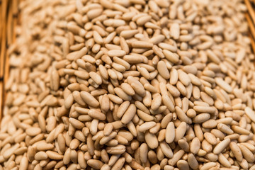 Close up of pine nuts at the farmers market stall