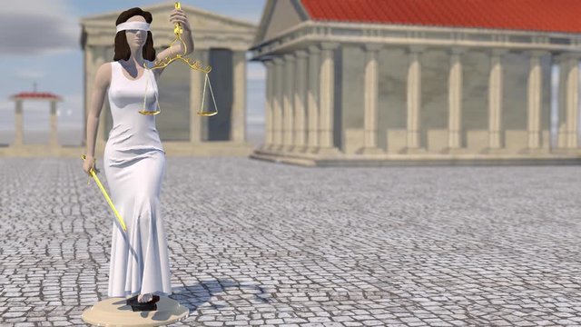 Justice goddess rises on pedestal, Themis, Femida with scales and a sword in his hands. 3d render.