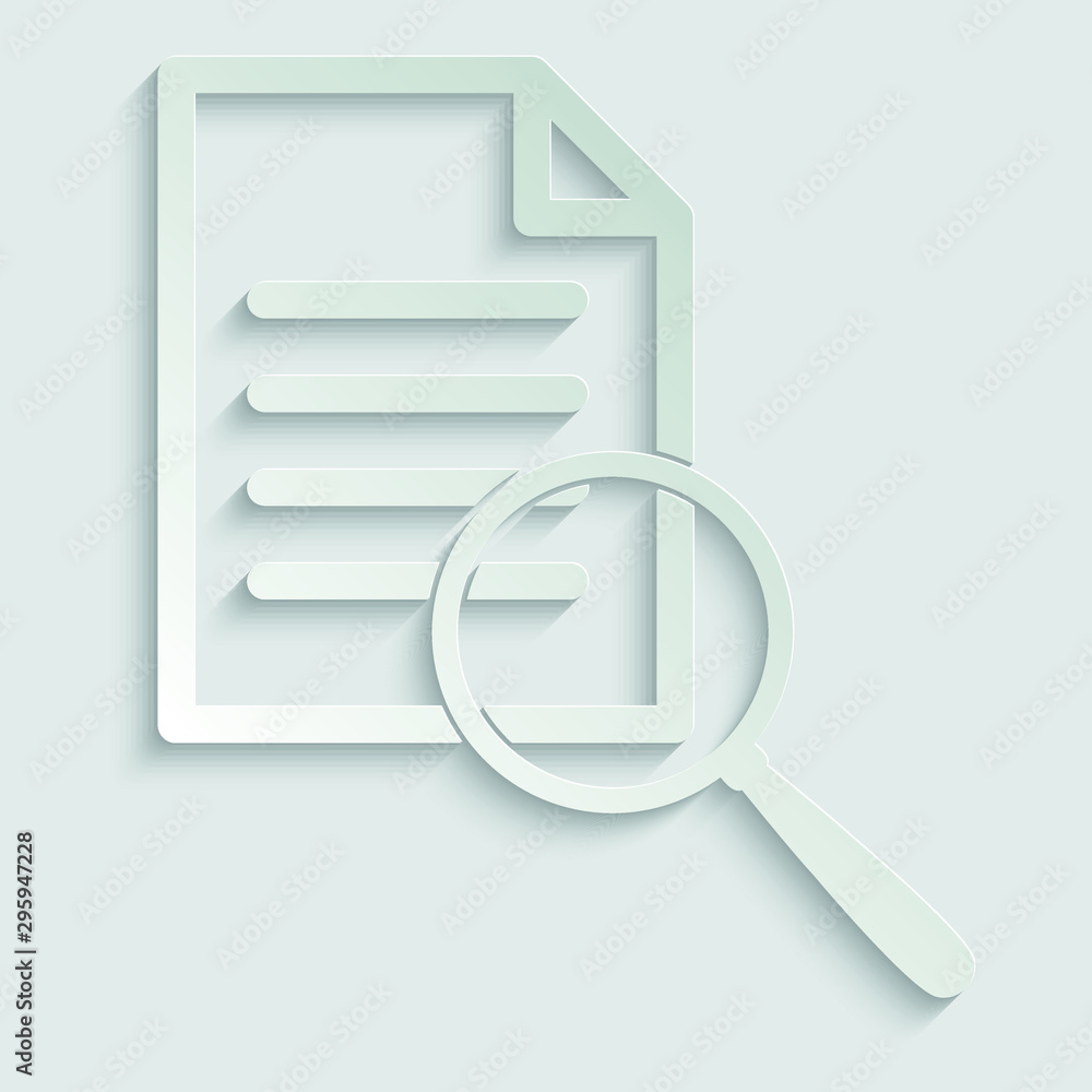 Poster search icon. document icon. search in document sign. paper with shadow