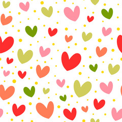 Simple seamless pattern with hearts and dots. Vector background in bright color palette.