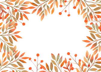 Frame with autumn leaves on white isolated background . Horizontal frame orientation . Watercolor compositions for the design of greeting cards or invitations.