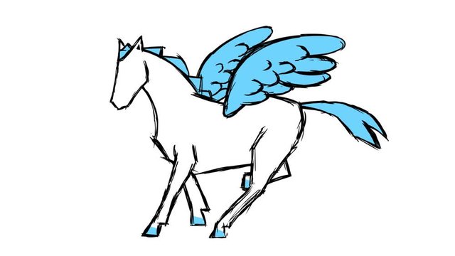 Running Pegasus cartoon character. 24fps seamless looping animation of hippogriff with alpha channel. Linear doodle crazy contour. Good for any project.