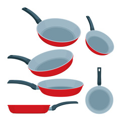 Frying pan. Frying pans flat vector illustrations set. Isometric frying pans icons in different angles. Part of set. - obrazy, fototapety, plakaty
