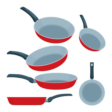 Frying pan. Frying pans flat vector illustrations set. Isometric frying pans icons in different angles. Part of set.