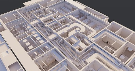 3D BIM model of the floor plan of a building with utilities Top view - Powered by Adobe