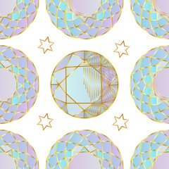 Seamless pattern with colorful fairytale crystals gems. Rainbow multicolored gem stones.