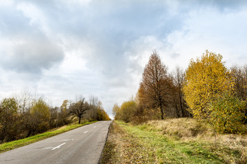 Fototapeta na wymiar A curving autumn road with colorful forest and mountain in the far distance in cloudy day