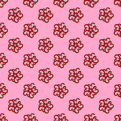 Abstract burgundy curls seamless pattern with white stripes, abstract flowers, pink background.
