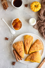 Traditional English cuisine. Breakfast with spicy pumpkin scones, a cup of tea and milk.