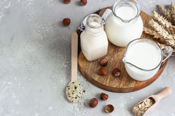 Obraz na płótnie Canvas Alternative types of milks in glass bottles. Vegan nondairy milk. Assortment of organic vegan nondairy milk from nuts, oatmeal, seeds.