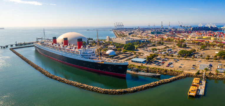 Gorgeous aerial view of RMS Queen Mary ocean liner at Long Beach, Los Angeles, CA.