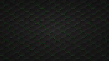 Abstract dark background of black hexagon tiles with green gaps between them