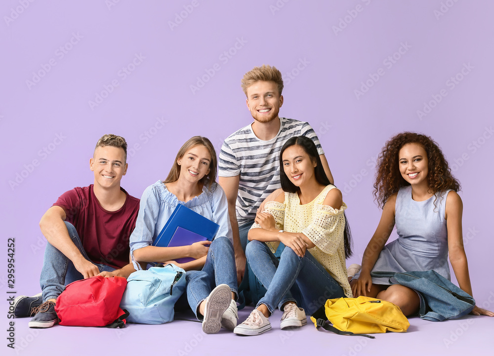 Poster group of students on color background