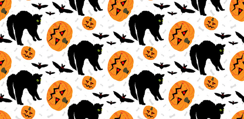 Fototapeta na wymiar Terrified cat looking at angry pumpkin, funny halloween background for wrapping paper/wallpaper/fashion costume print/ decor etc
