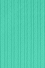 Trendy mint colored Knitwear Fabric Texture with Pigtails and stripes. Repeating Machine Knitting Texture of Sweater. Knitted Background.