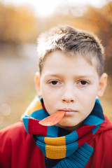 Portrait of cute laughing boy looking at camera, wearing colorful scarf, isolated on autumn background