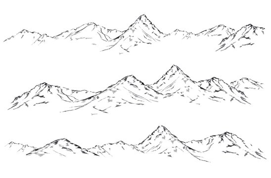 Mountain sketch set. Handdrawn illustration isolated on white background