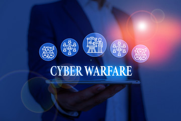 Text sign showing Cyber Warfare. Business photo showcasing Virtual War Hackers System Attacks...