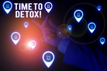 Text sign showing Time To Detox. Business photo showcasing when you purify your body of toxins or stop consuming drug Male human wear formal work suit presenting presentation using smart device