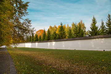 The wall of the Sovereign's Court in autumn on a Sunny day in the Museum-reserve Kolomenskoye. Moscow sights, World tourism.