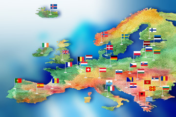 Sketch of the map of Europe painted with watercolor paints with flags of countries