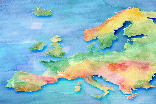 Sketch of the map of Europe painted with watercolor paints