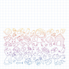 Pet shop. Vector illustration with animals, dog, cat, fish, Colorful background with kitten, bird, puppy. Veterinarian clinic.