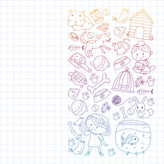 Fototapeta premium Pet shop. Vector illustration with animals, dog, cat, fish, Colorful background with kitten, bird, puppy. Veterinarian clinic.