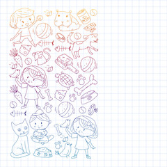 Pet shop. Vector illustration with animals, dog, cat, fish, Colorful background with kitten, bird, puppy. Veterinarian clinic.