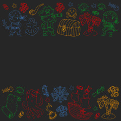 Pirate party. Illustrations for little children. Kids birthday celebration with treasure island, octopus, pirates