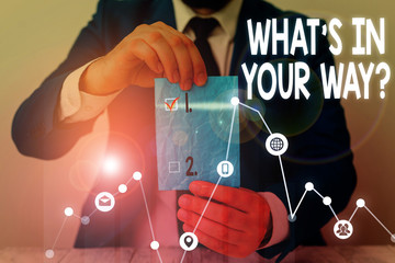 Conceptual hand writing showing What S Is In Your Way question. Concept meaning someone needs for a...