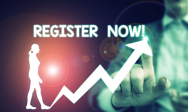 Text sign showing Register Now. Business photo showcasing official list or record showing or things into web or forum Female human wear formal work suit presenting presentation use smart device