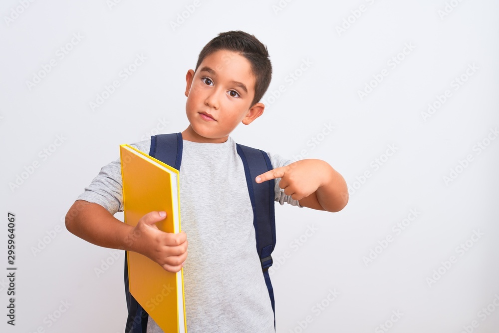 Poster Beautiful student kid boy wearing backpack holding book over isolated white background very happy pointing with hand and finger