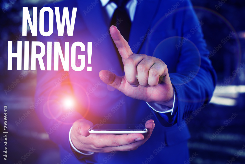 Poster text sign showing now hiring. business photo showcasing finding evaluating working relationship with
