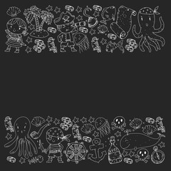 Pirate party. Illustrations for little children. Kids birthday celebration with treasure island, octopus, pirates