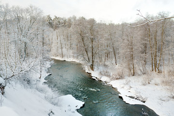Beautiful view of snow covered forest. Narrow river flowing between snow covered trees. Chilly winter day.