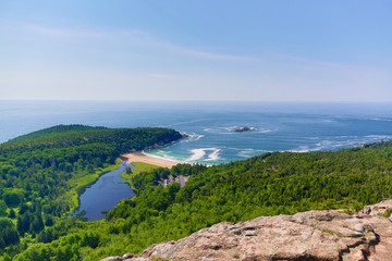 View of Maine Coast and Sand Beach from the top of Beehive mountain, Acadia National Park, Maine