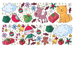 Christmas pattern with little children. Kids play and have fun during winter vacations.